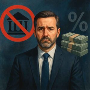 Empresário sério com expressão preocupada, ao lado de símbolos de juros, dinheiro e um ícone de banco com símbolo de proibição.