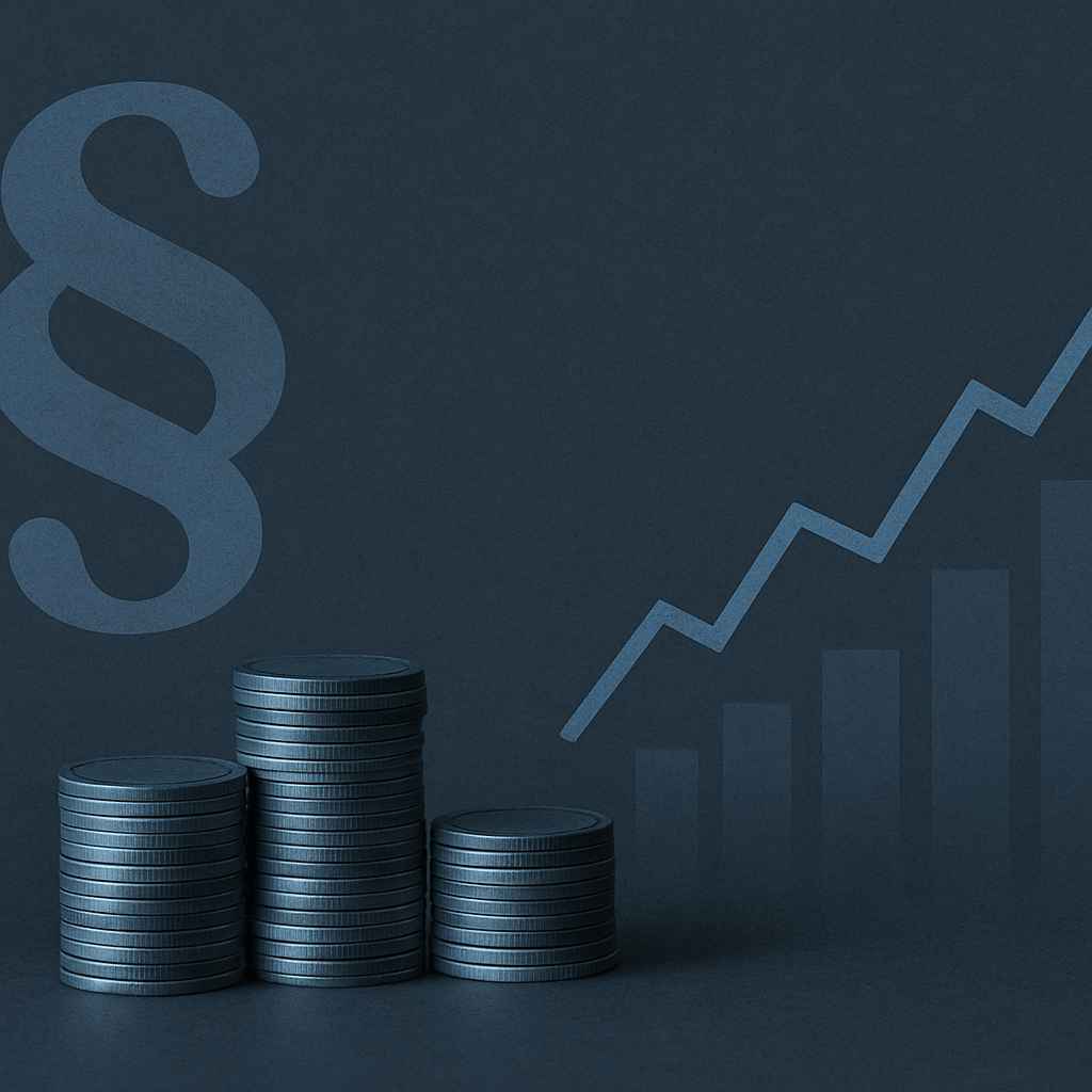 Imagem conceitual com pilhas de moedas, gráfico de barras ascendentes e símbolo jurídico, representando juros acima da média no contexto financeiro e legal.