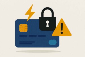Ilustração conceitual de cartão de crédito com cadeado e símbolo de alerta, representando o risco de clonagem e necessidade de proteção digital