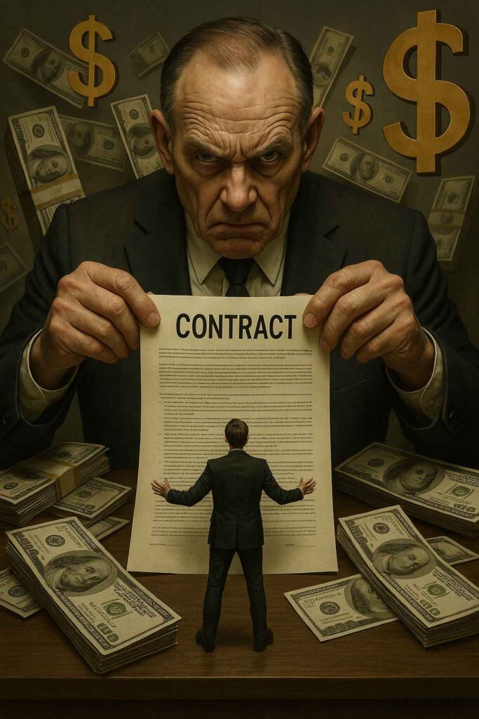 Homem imponente segura contrato diante de empresário em miniatura cercado por dinheiro, simbolizando opressão contratual e desequilíbrio de poder