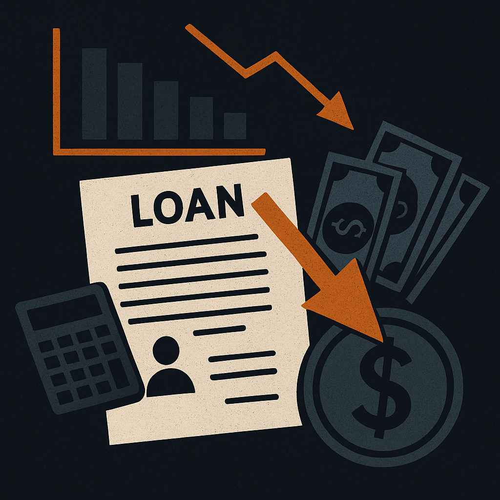 Ilustração de elementos financeiros com setas apontando para baixo, simbolizando a redução das parcelas de um empréstimo e o controle do endividamento.