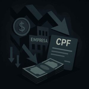Ilustração conceitual com prédio de empresa, documento de CPF, setas para baixo e dinheiro, simbolizando os efeitos negativos da dívida empresarial no CPF do sócio.