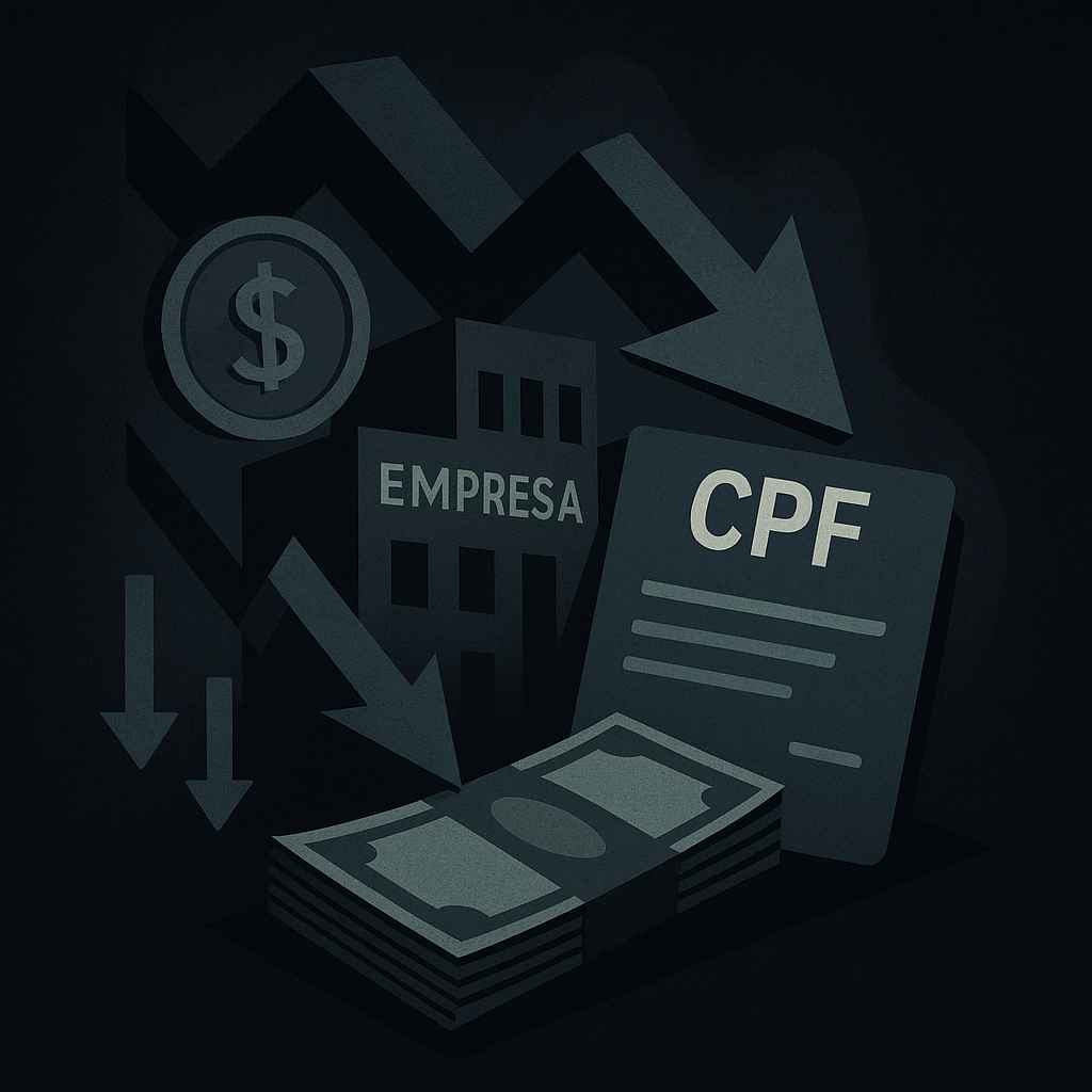 Ilustração conceitual com prédio de empresa, documento de CPF, setas para baixo e dinheiro, simbolizando os efeitos negativos da dívida empresarial no CPF do sócio.