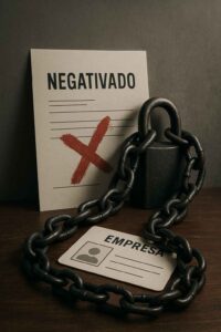 Documento de negativação e crachá empresarial acorrentados e trancados com cadeado, sobre uma mesa de madeira escura.