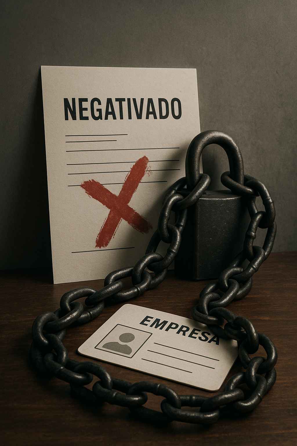 Documento de negativação e crachá empresarial acorrentados e trancados com cadeado, sobre uma mesa de madeira escura.