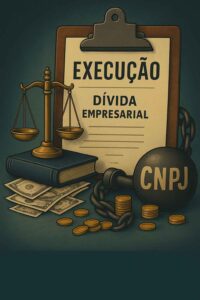 Balança de justiça, documentos e moedas ao lado de um peso com a sigla “CNPJ” acorrentado a uma prancheta com “Execução Dívida Empresarial”.