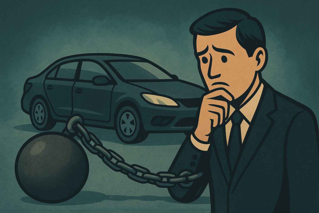 Homem de terno preocupado ao lado de um carro preso a uma bola de ferro com corrente, representando o risco de perder bens por dívidas da empresa.