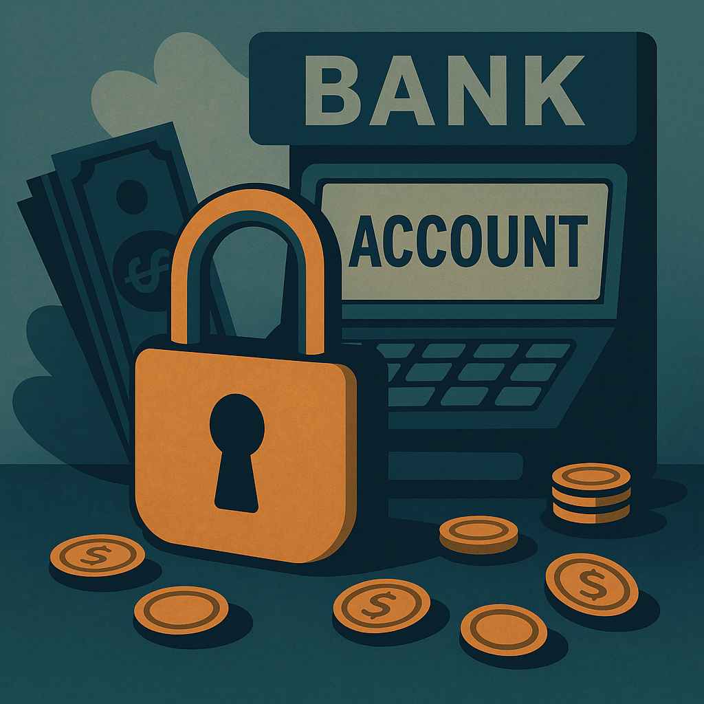 Cofre trancado com correntes e cadeado sobre pilhas de documentos e moedas, representando uma conta bancária empresarial bloqueada.