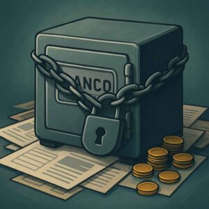 Cofre metálico com corrente grossa e cadeado sobre papéis financeiros e moedas, simbolizando bloqueio por ordem judicial.
