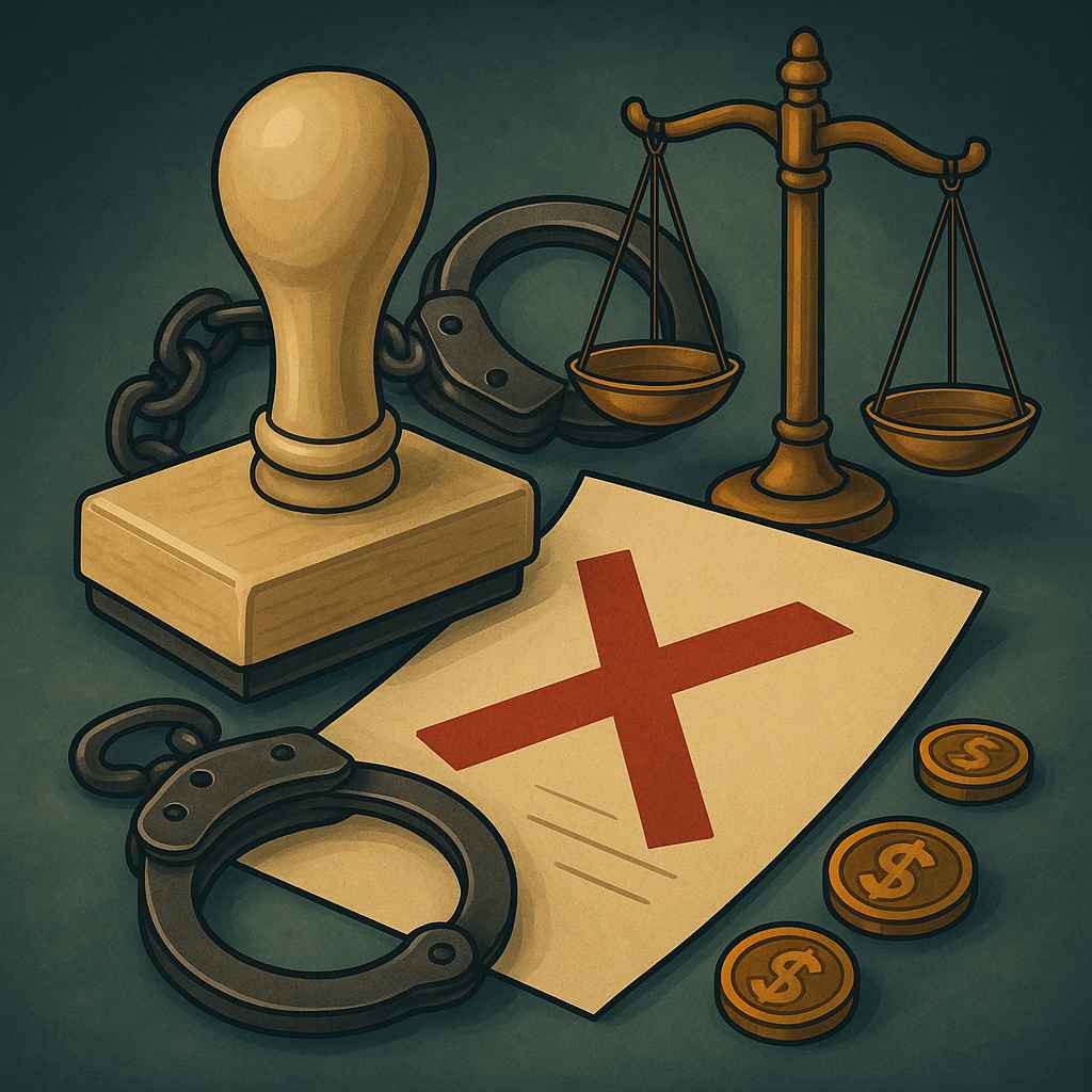 Carimbo de madeira sobre papel com “X” vermelho, algemas, moedas e balança da justiça, simbolizando protesto de dívida.