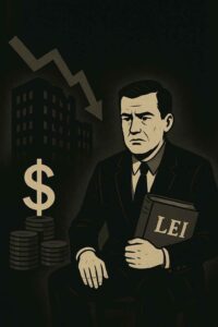 Advogado com semblante sério, livro da lei em mãos, prédio em ruínas e símbolo de dinheiro ao lado.