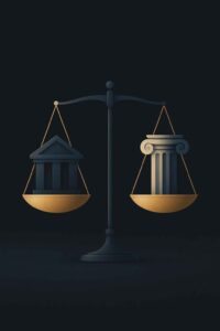 Ilustração minimalista de uma balança com um banco e uma coluna clássica representando justiça e finanças, em tons de azul e dourado sobre fundo escuro.