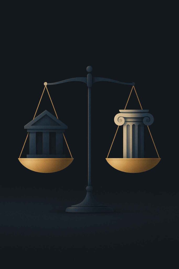 Ilustração minimalista de uma balança com um banco e uma coluna clássica representando justiça e finanças, em tons de azul e dourado sobre fundo escuro.