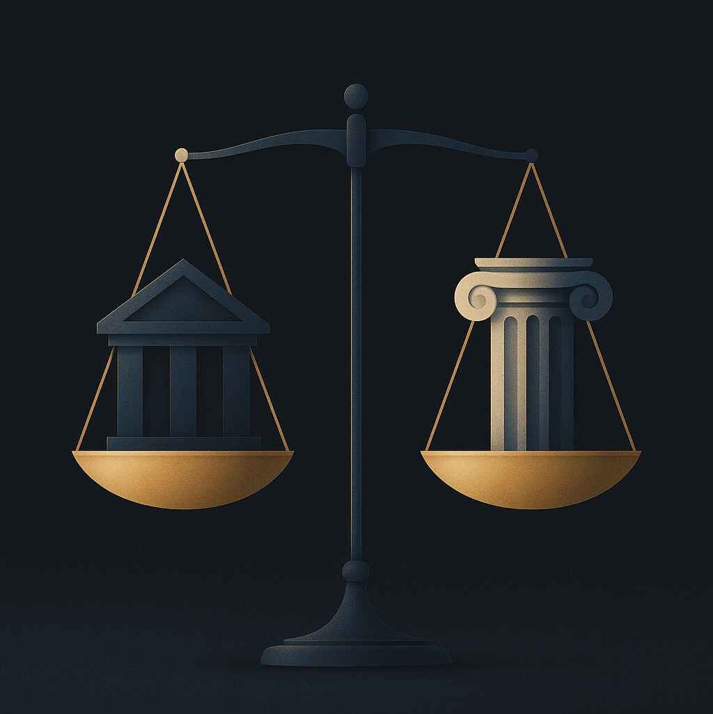 Ilustração minimalista de uma balança com um banco e uma coluna clássica representando justiça e finanças, em tons de azul e dourado sobre fundo escuro.