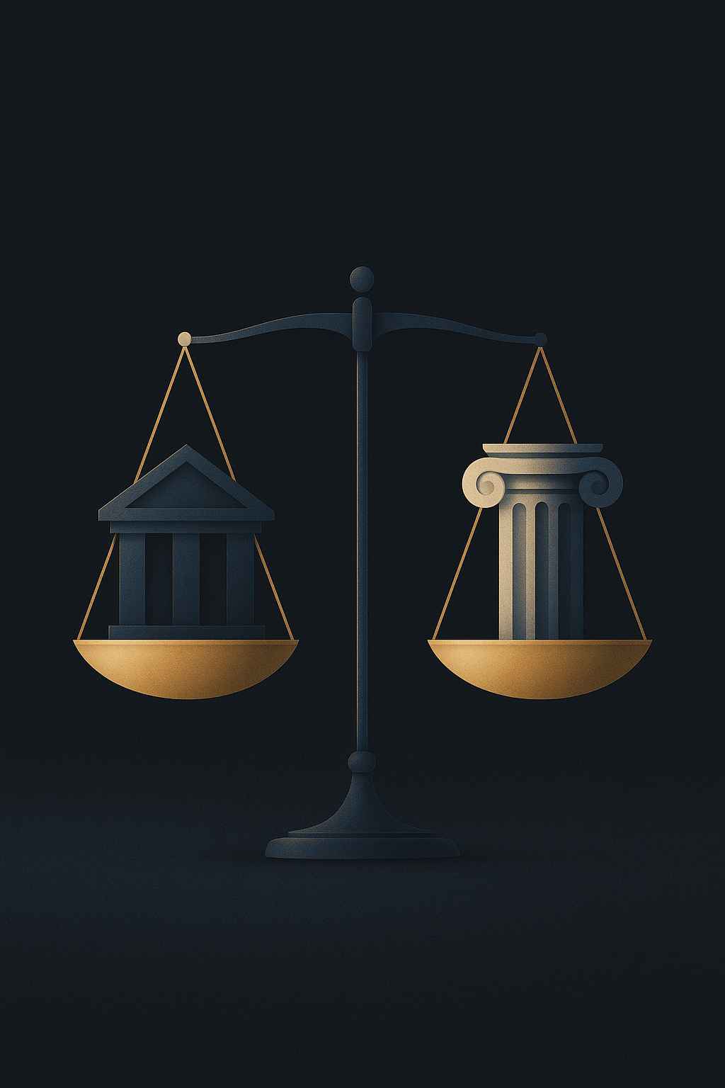 Ilustração minimalista de uma balança com um banco e uma coluna clássica representando justiça e finanças, em tons de azul e dourado sobre fundo escuro.