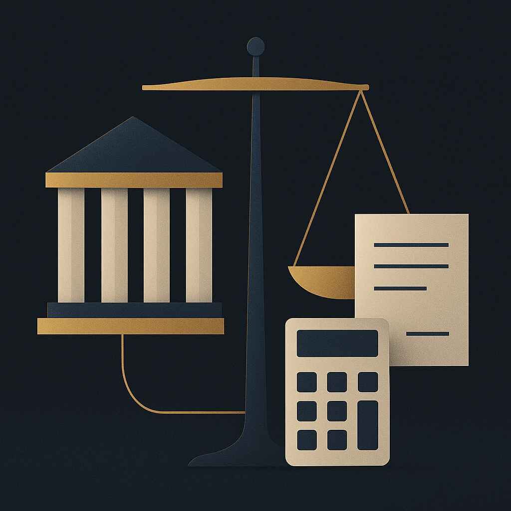 Ilustração editorial com balança de justiça, colunas bancárias, calculadora e contrato em estilo minimalista sobre fundo azul-escuro.