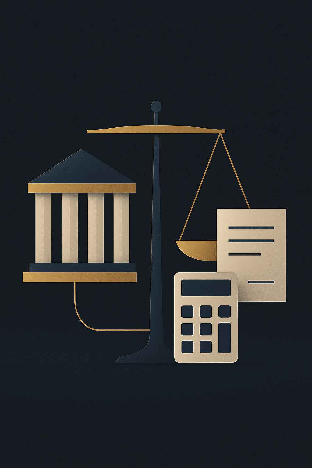 Ilustração editorial com balança de justiça, colunas bancárias, calculadora e contrato em estilo minimalista sobre fundo azul-escuro.