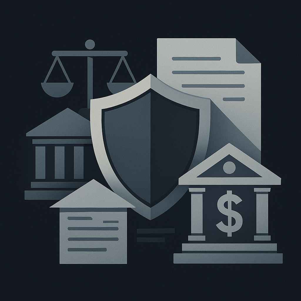 Ilustração editorial sobre Revisão de Contrato de Capital de Giro com escudo de proteção, documentos, balança da justiça e símbolos bancários em estilo minimalista.