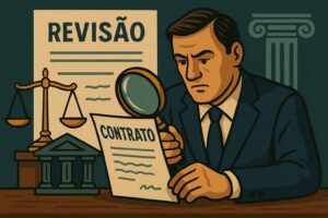 Ilustração de advogado analisando contrato com lupa, ao lado de balança da justiça e documento com a palavra “Revisão”, representando o tema “O que é revisão contratual”.