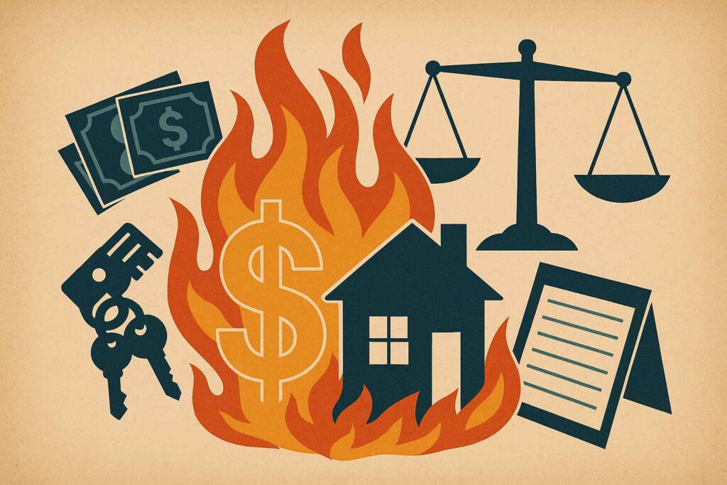 Imagem com casa em chamas ao lado de símbolo do dinheiro, chaves, balança da justiça, notas e contrato com linhas, representando risco de perda de bens por dívidas empresariais.