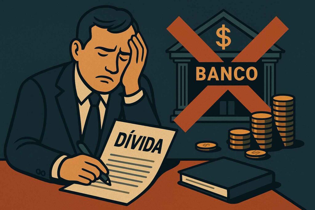 Homem frustrado segura documento com a palavra “Dívida” enquanto banco ao fundo está marcado com um “X” vermelho, indicando recusa na renegociação.