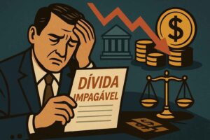 Homem preocupado segura documento com a frase “Dívida Impagável”, ao lado de moedas, balança da justiça, banco e seta vermelha apontando para baixo.