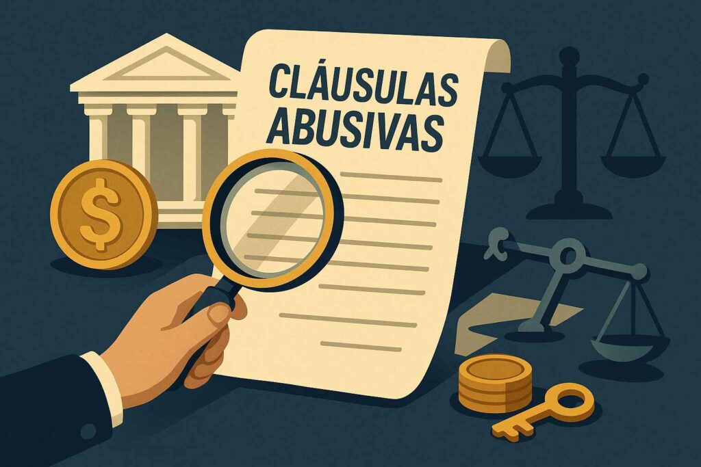 Imagem mostra uma lupa sobre um contrato com o título "Cláusulas Abusivas", ao lado de ícones de banco, balança da justiça e moeda dourada.