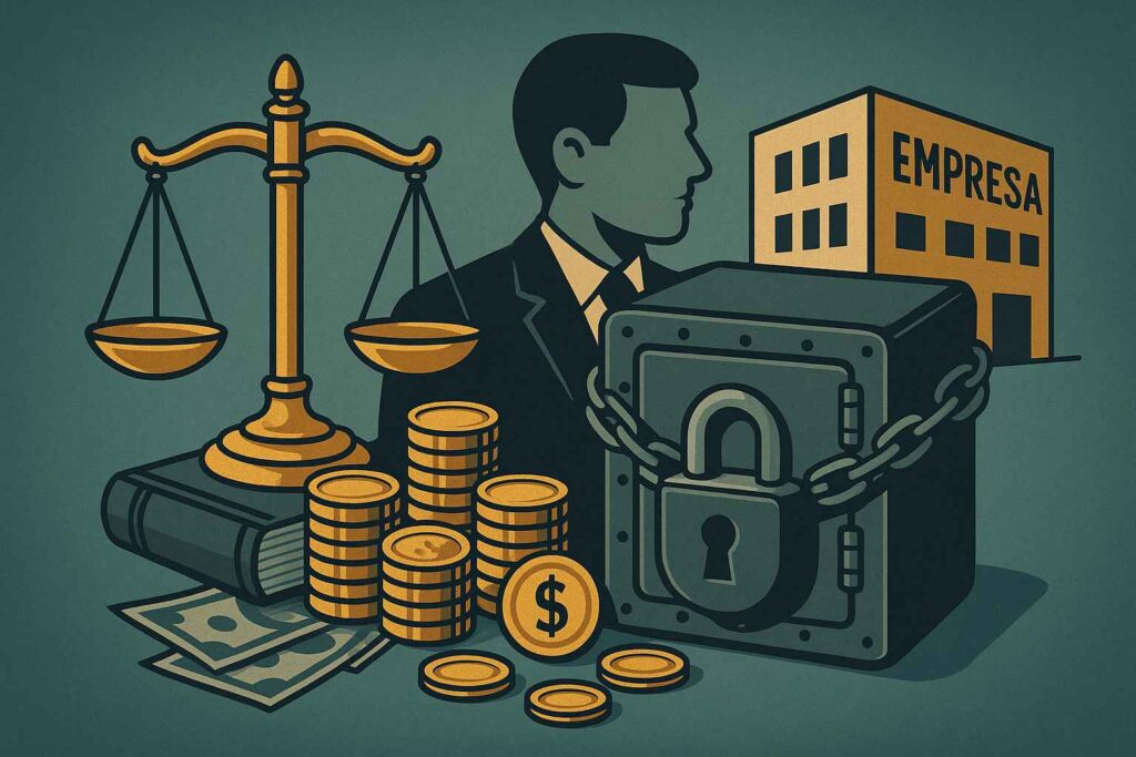 Homem de negócios ao lado de um cofre com cadeado, pilhas de moedas, balança de justiça e edifício com a palavra “Empresa”, representando proteção patrimonial.
