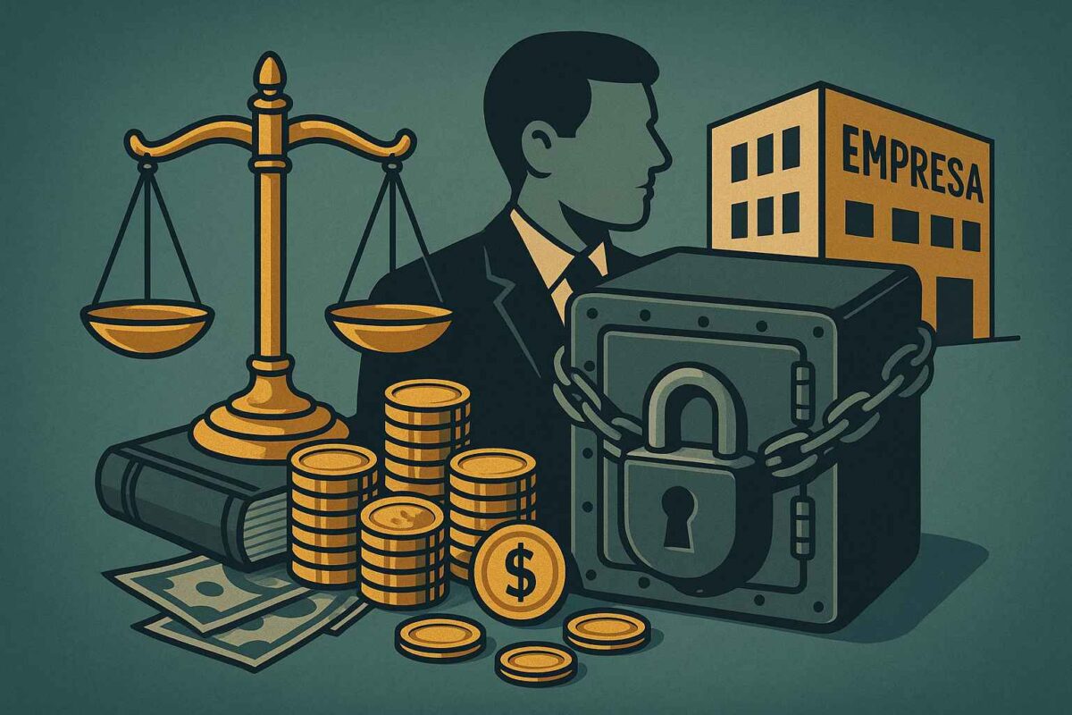 Homem de negócios ao lado de um cofre com cadeado, pilhas de moedas, balança de justiça e edifício com a palavra “Empresa”, representando proteção patrimonial.