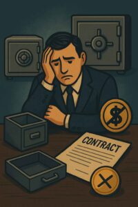 Empresário cabisbaixo ao lado de cofre fechado, pilhas de moedas e documentos, simbolizando pressão financeira sem capital de giro.