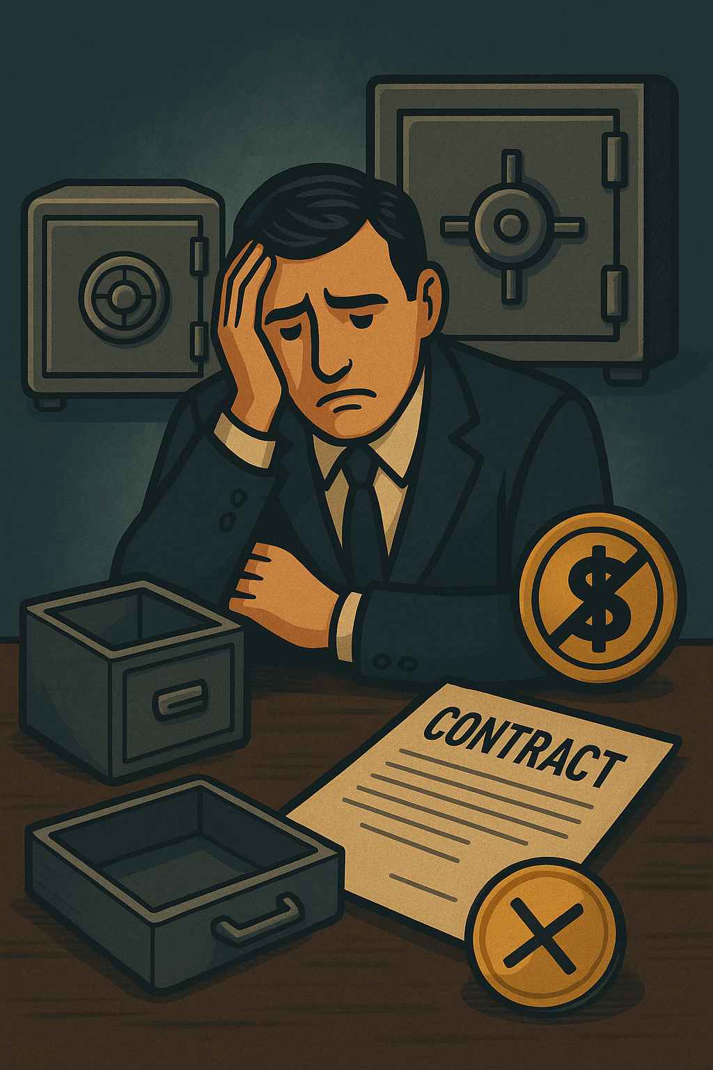 Empresário cabisbaixo ao lado de cofre fechado, pilhas de moedas e documentos, simbolizando pressão financeira sem capital de giro.