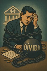 Homem de negócios acorrentado a uma esfera com a palavra “dívida”, cercado por documentos e moedas, com expressão de angústia.