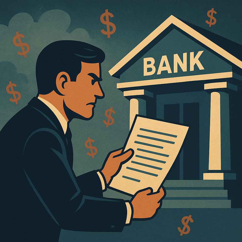 Empresário sério segurando documento diante de um prédio bancário clássico, com símbolos de cifrão ao fundo.