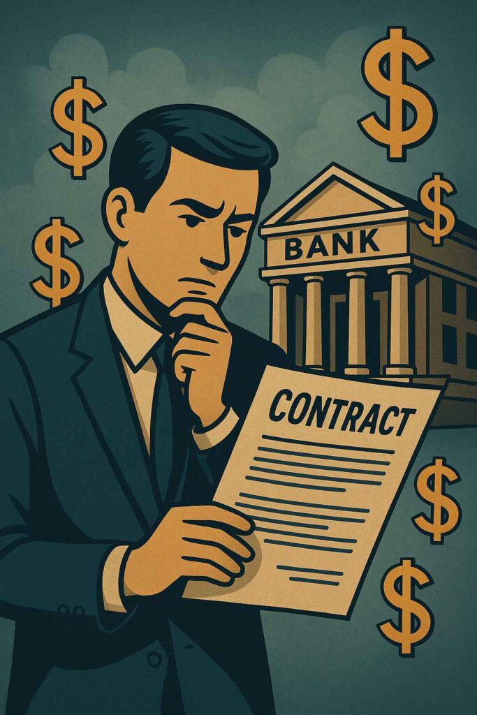 Homem de negócios examinando um contrato em frente a um banco, com símbolos de cifrão ao fundo, simbolizando revisão de juros.