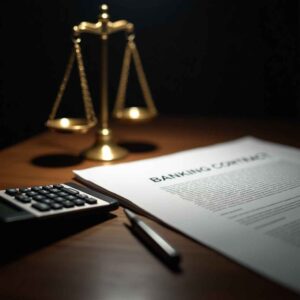 Balança da justiça dourada ao lado de contrato bancário e calculadora sobre mesa escura.