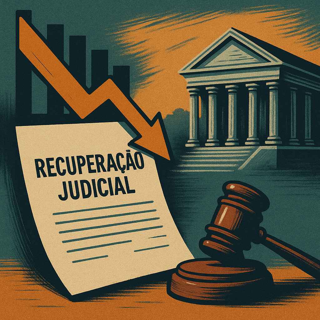Imagem vintage em tons quentes com ícones representando risco e prevenção de recuperação judicial.