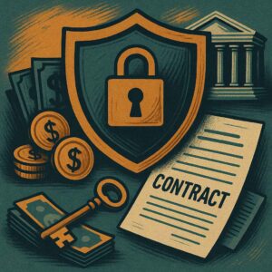 Escudo central cercado por símbolos de segurança jurídica e patrimônio financeiro em arte vintage.