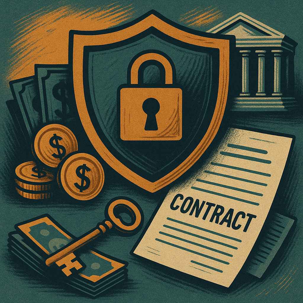 Escudo central cercado por símbolos de segurança jurídica e patrimônio financeiro em arte vintage.