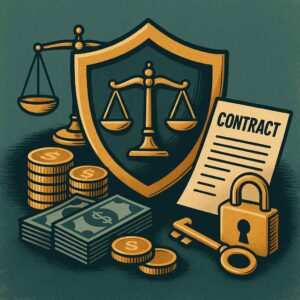 Imagem com escudo da justiça, balança e cadeado cercados por moedas e cédulas, simbolizando segurança jurídica empresarial.