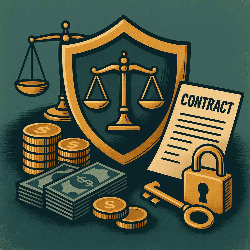 Imagem com escudo da justiça, balança e cadeado cercados por moedas e cédulas, simbolizando segurança jurídica empresarial.