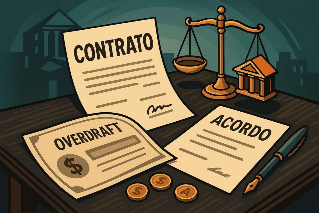 Ilustração sobre renegociação de cheque especial com mesa, balança, moedas e papéis sem textos.