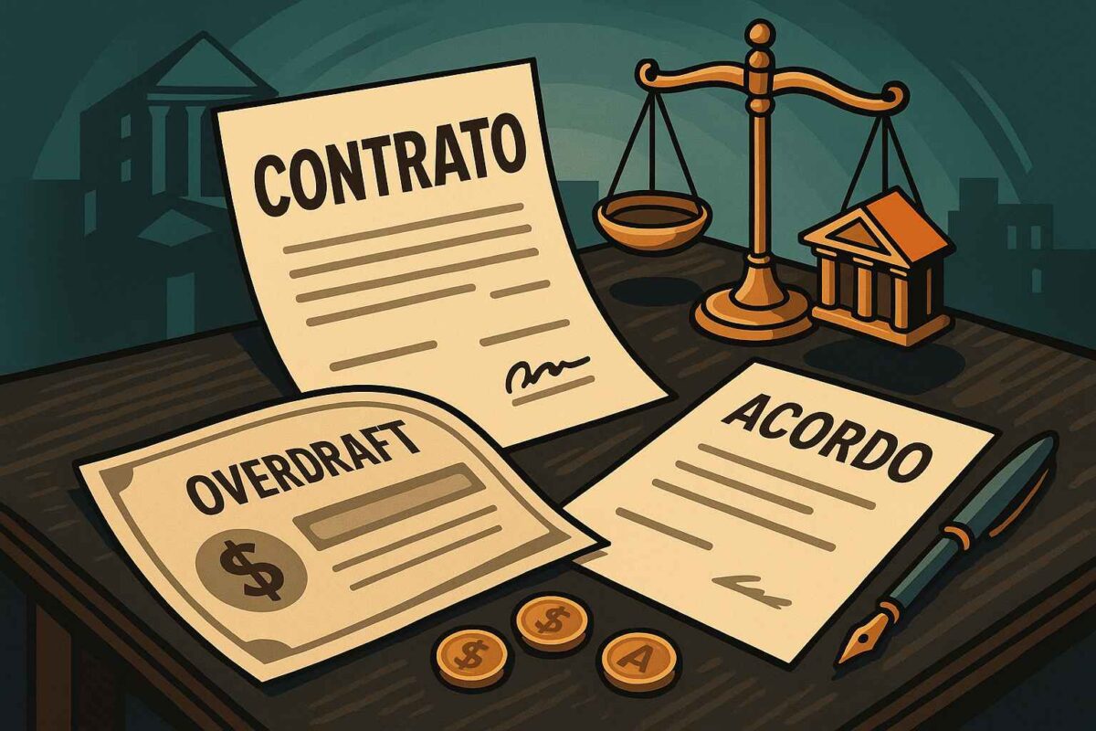 Ilustração sobre renegociação de cheque especial com mesa, balança, moedas e papéis sem textos.