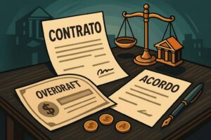 Ilustração sobre renegociação de cheque especial com mesa, balança, moedas e papéis sem textos.