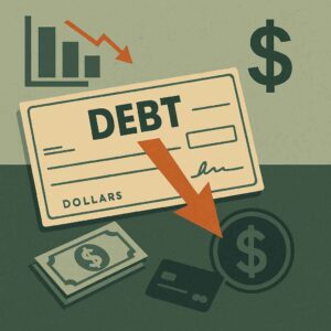 Imagem de um cheque marcado como dívida, com seta descendente e símbolos financeiros em tons verdes e bege.