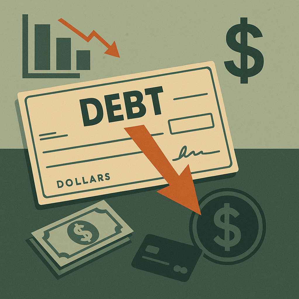 Imagem de um cheque marcado como dívida, com seta descendente e símbolos financeiros em tons verdes e bege.