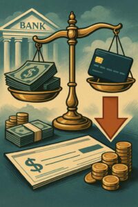 Imagem de capa de revista com balança equilibrando cartão e dinheiro, elementos bancários e seta para baixo.