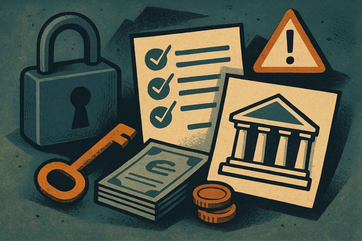 Imagem com cadeado e documentos representando proteção contra bloqueios judiciais em contas empresariais.