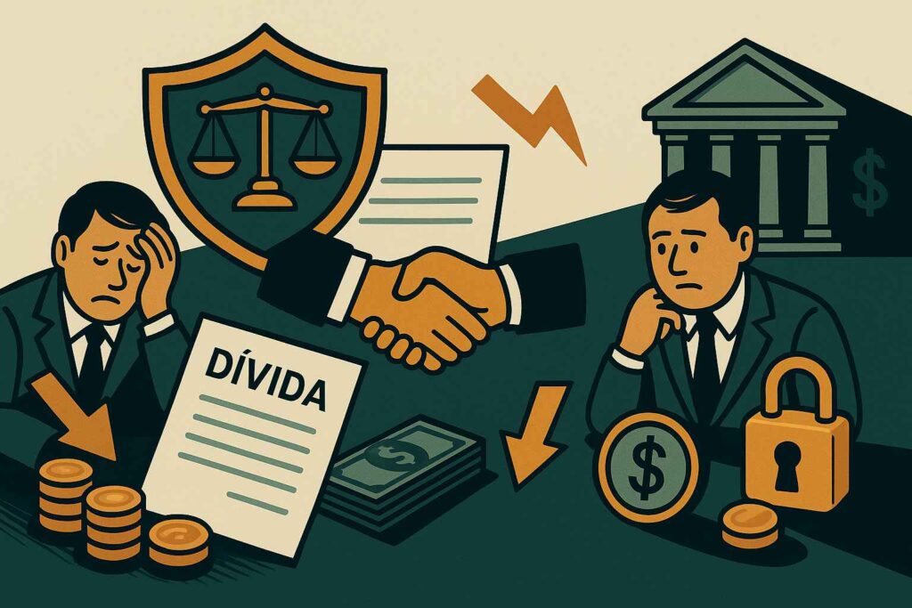 Ilustração horizontal mostrando um empresário preocupado ao lado de moedas e um documento de dívida, um aperto de mãos simbolizando o acordo e, à direita, o empresário diante de um banco com ícones de segurança e dinheiro.