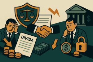 Ilustração horizontal mostrando um empresário preocupado ao lado de moedas e um documento de dívida, um aperto de mãos simbolizando o acordo e, à direita, o empresário diante de um banco com ícones de segurança e dinheiro.