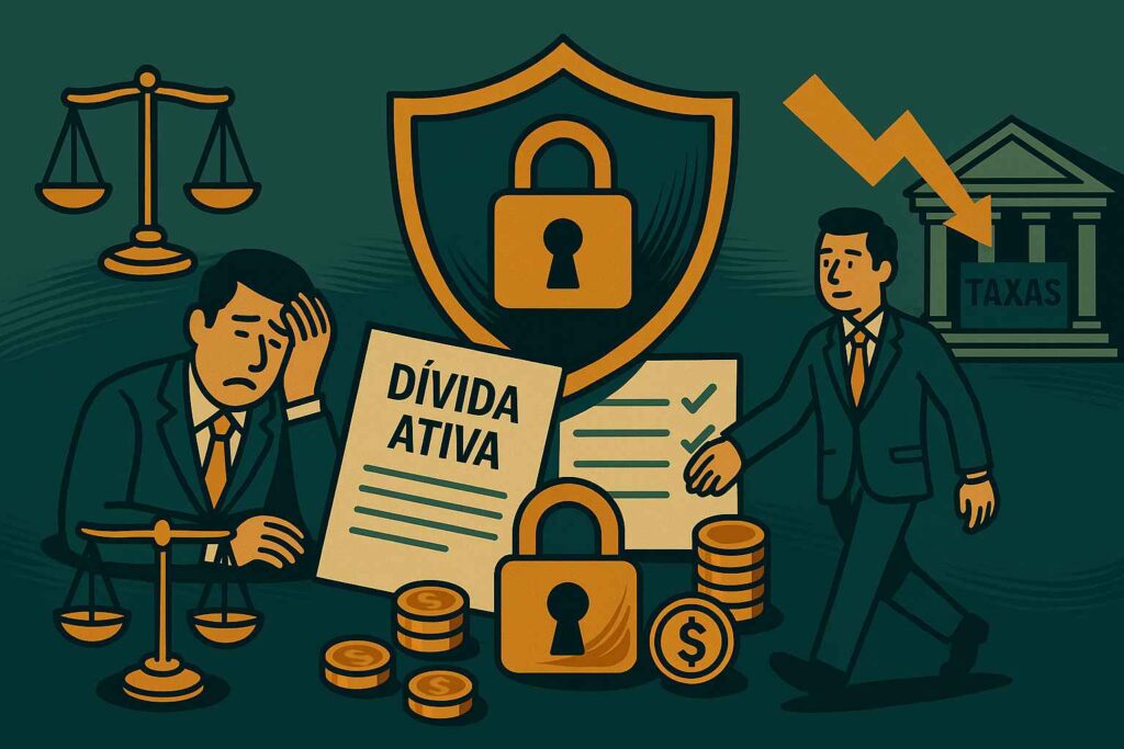 Imagem em estilo flat mostrando um empresário preocupado ao lado de um documento de “Dívida Ativa” e balança da justiça, com um escudo e cadeado ao centro simbolizando proteção, e outro empresário caminhando em direção a um prédio de governo identificado como “Taxas”.